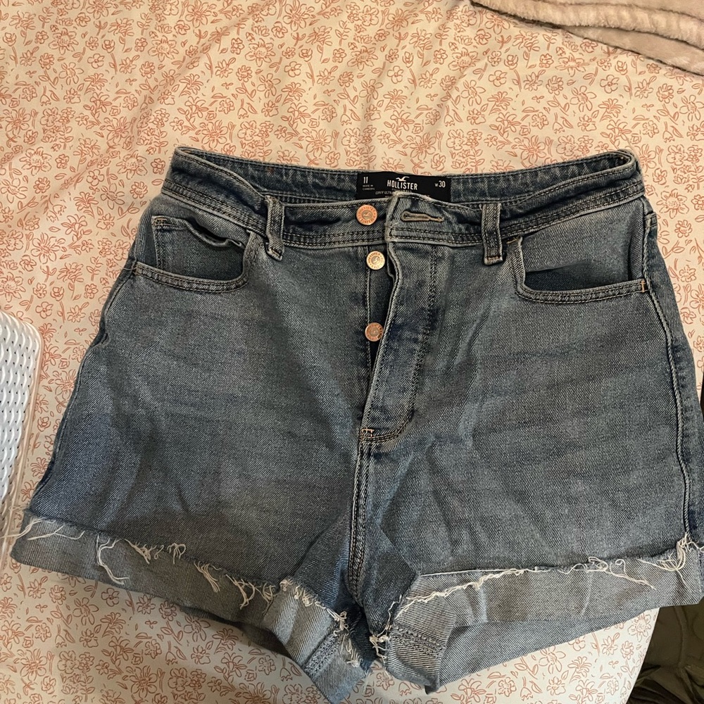 Hollister Blue Jean Shorts High-Waisted Raw Hem